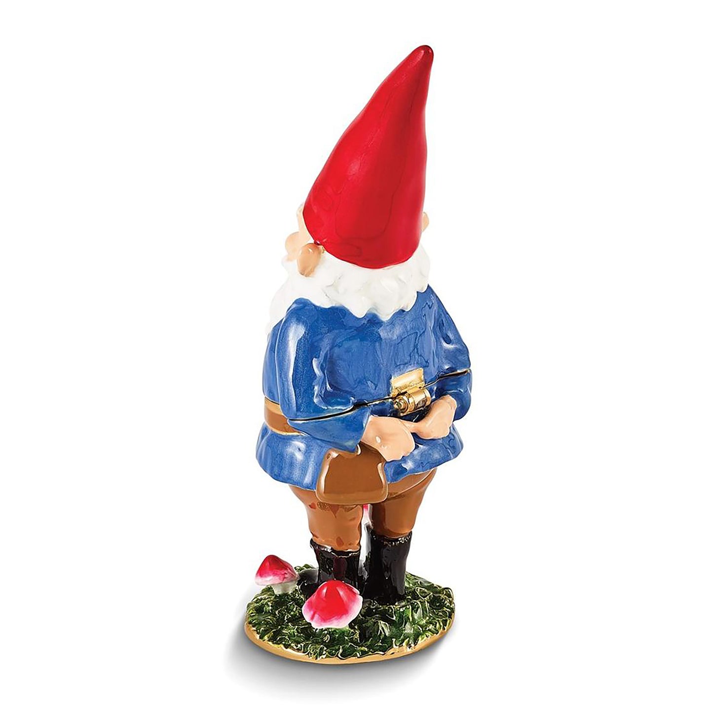 Pewter Bejeweled Crystals Gold-Tone Enameled Nimble Gnome w Mushrooms Trinket Container Bejeweled Trinket Box with Matching 18 Inch Necklace, Hand Painted Enameled Collectible Gift