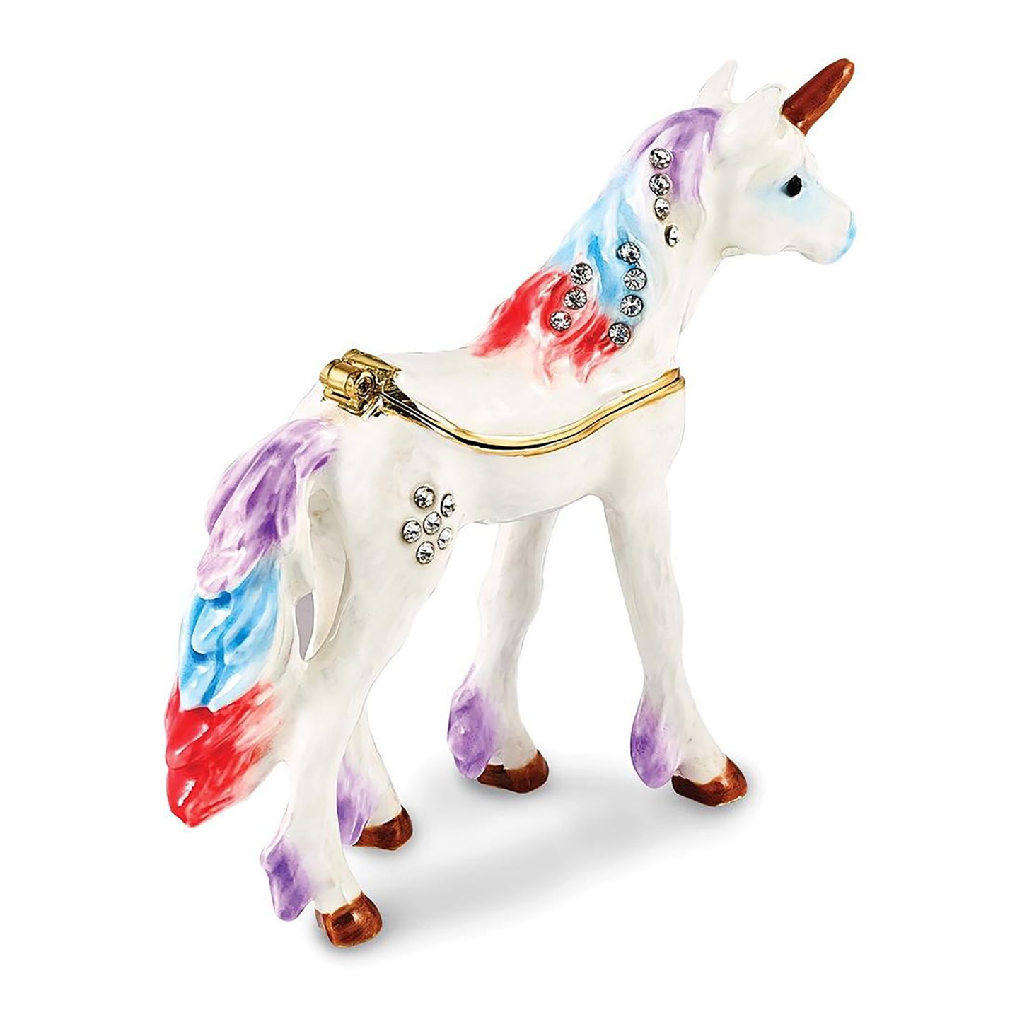 Pewter Bejeweled Crystals Gold-Tone Enameled Mystic The Unicorn Trinket Container Bejeweled Trinket Box with Matching 18 Inch Necklace, Hand Painted Enameled Collectible Gift