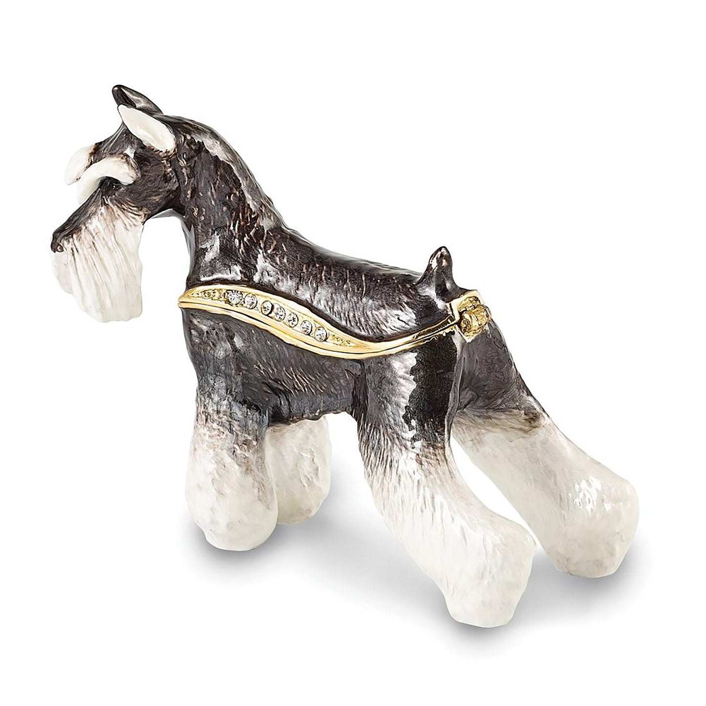 Pewter Bejeweled Crystals Gold-Tone Enameled Kaiser Black & White Schnauzer Dog Trinket Container Bejeweled Trinket Box with Matching 18 Inch Necklace, Hand Painted Enameled Collectible Gift