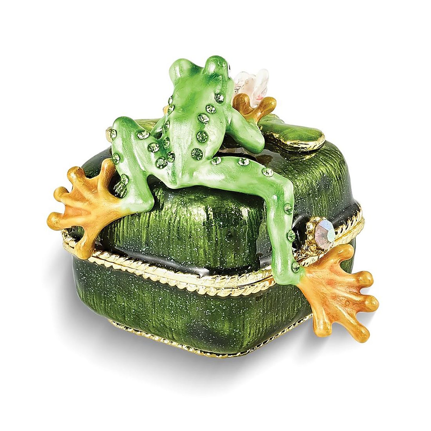 Pewter Bejeweled Crystals Gold-Tone Enameled Paddy Frog On Lily Pad Trinket Container Bejeweled Trinket Box with Matching 18 Inch Necklace, Hand Painted Enameled Collectible Gift