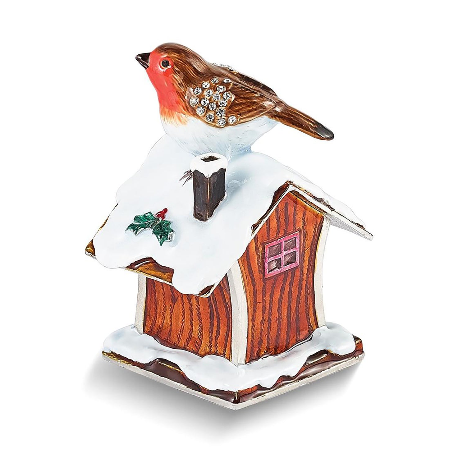 Pewter Bejeweled Crystals Silver-Tone Enameled Bertie Robin On Bird House Trinket Container Bejeweled Trinket Box with Matching 18 Inch Necklace, Hand Painted Enameled Collectible Gift