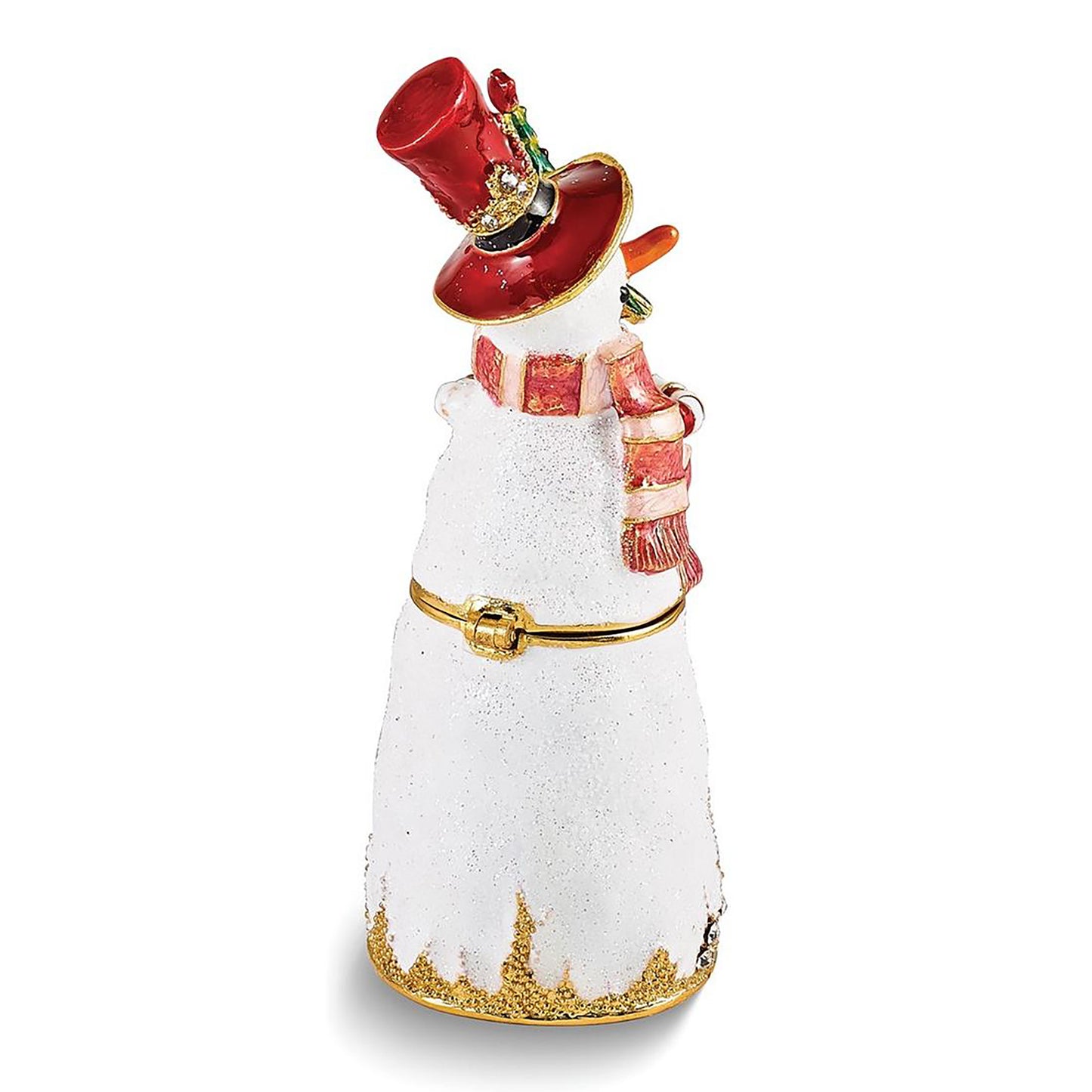 Pewter Bejeweled Crystals Gold-Tone Enameled Limited Edition Red Hat Friendly Snowman Trinket Container Bejeweled Trinket Box with Matching 18 Inch Necklace, Hand Painted Enameled Collectible Gift
