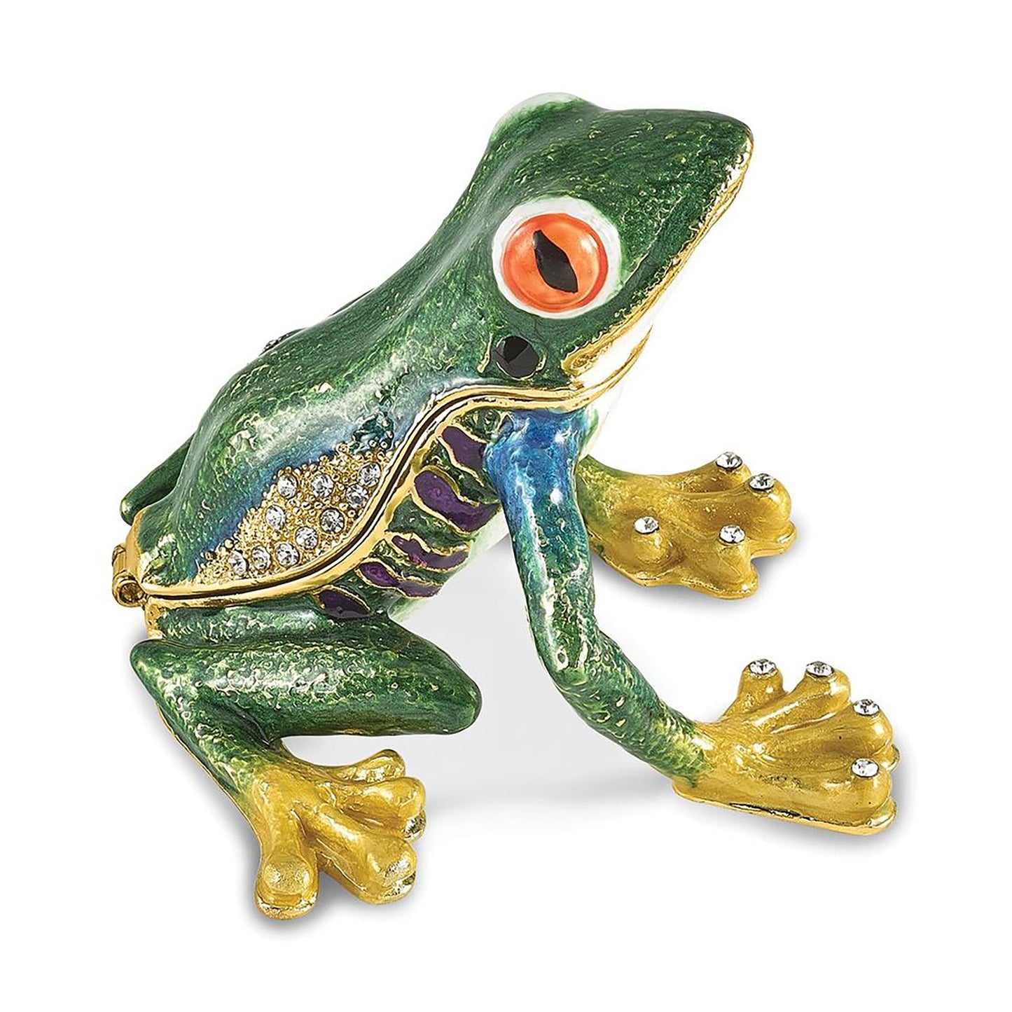Bejeweled Haracha Red Eyed Tree Frog Trinket Container Bejeweled Trinket Box with Matching 18 Inch Necklace, Hand Painted Enameled Collectible Gift