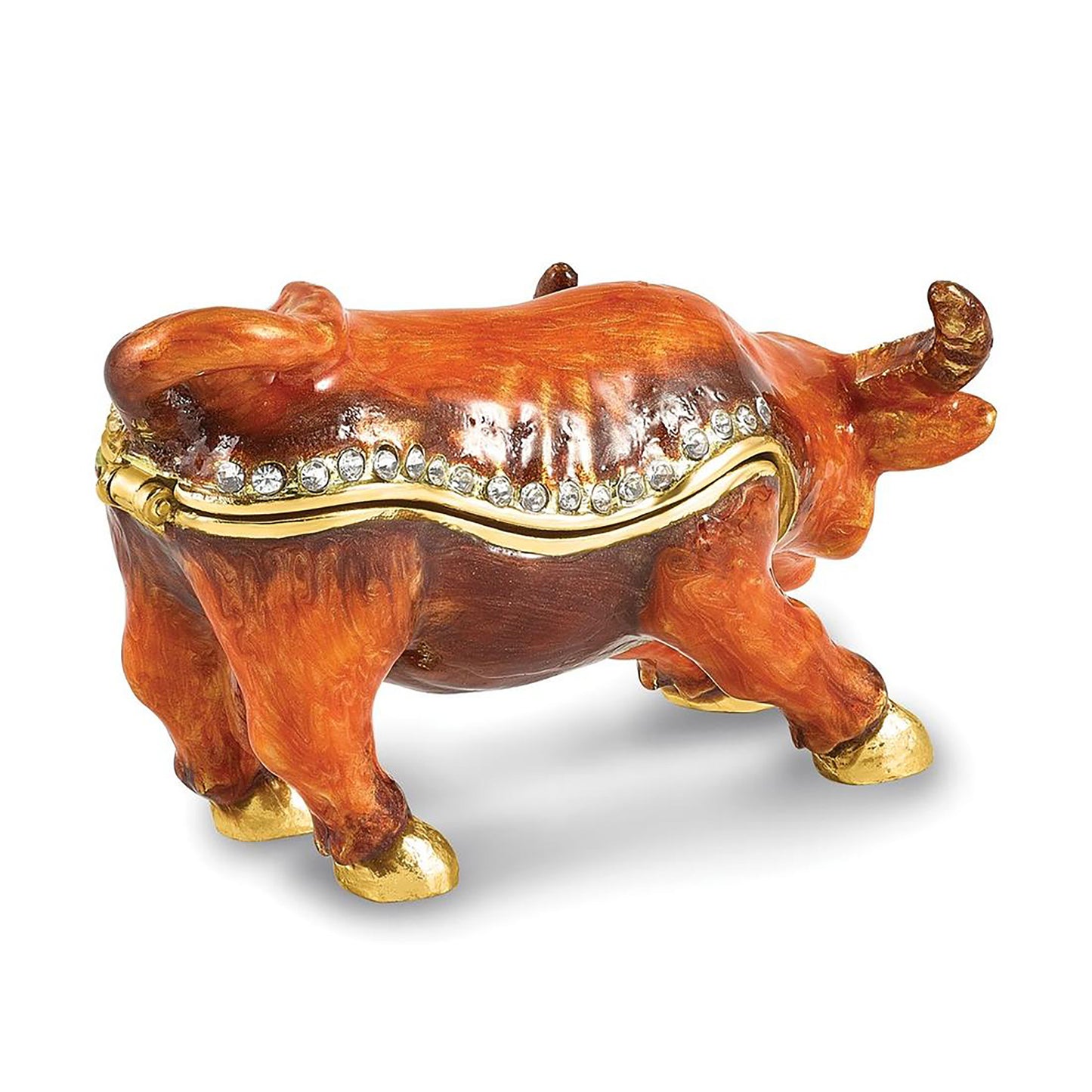 Bejeweled Dozer Bull Trinket Container Bejeweled Trinket Box with Matching 18 Inch Necklace, Hand Painted Enameled Collectible Gift