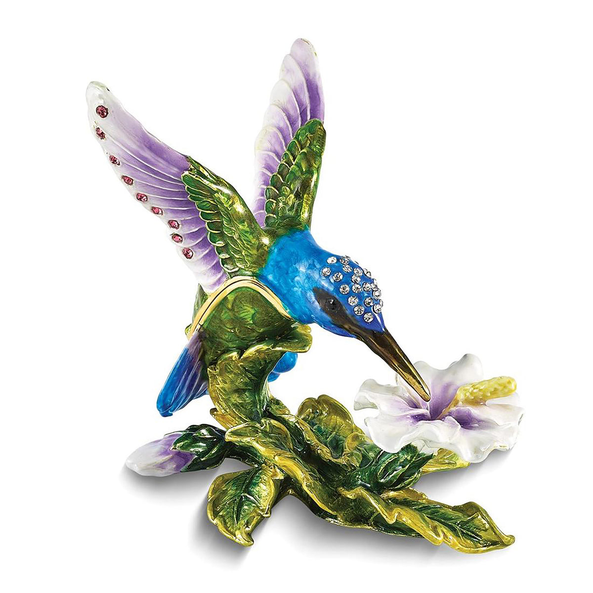 Bejeweled Graceful Flight Blue Hummingbird Trinket Container Bejeweled Trinket Box with Matching 18 Inch Necklace, Hand Painted Enameled Collectible Gift