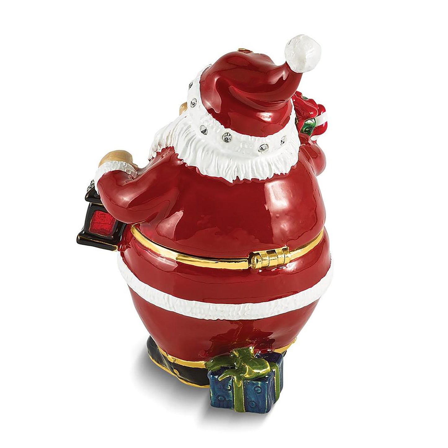 Bejeweled Mr Kringle Santa Claus Holding Gift And Lamp Trinket Container Bejeweled Trinket Box with Matching 18 Inch Necklace, Hand Painted Enameled Collectible Gift