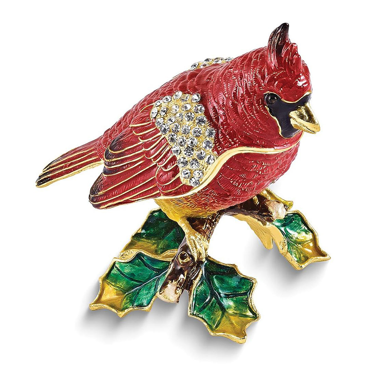 Bejeweled Carmine Cardinal On Holly Branch Trinket Container Bejeweled Trinket Box with Matching 18 Inch Necklace, Hand Painted Enameled Collectible Gift