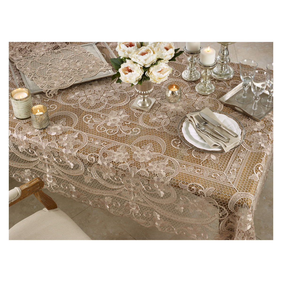 Ecru Beige Classic Vintage Style Fancy Special Decorative All Over Lace Table Linens, 100%