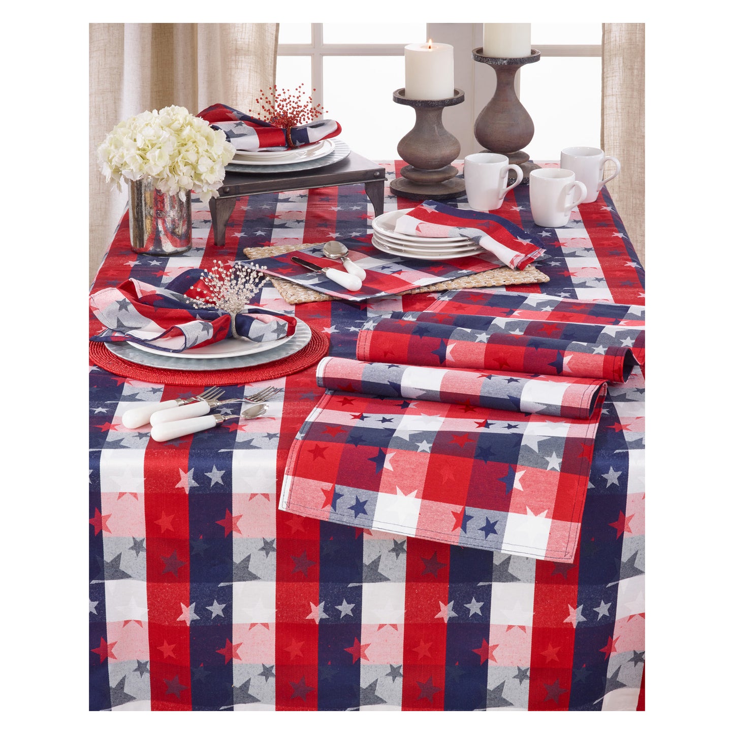 Red White and Blue Checkered with Stars Cotton/Polyester Blend Patriotic Table Runner