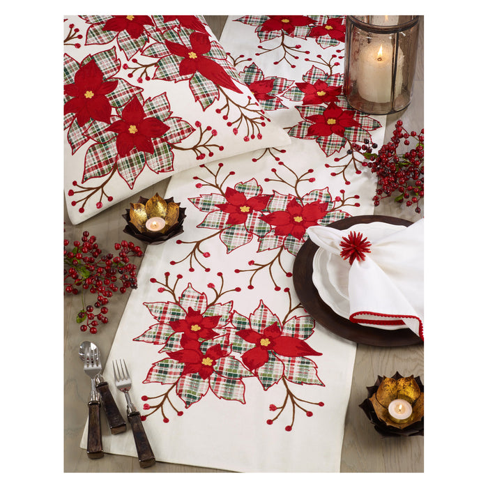 Red Plaid Holiday Christmas Poinsettia Flower Table Runner 100% cotton