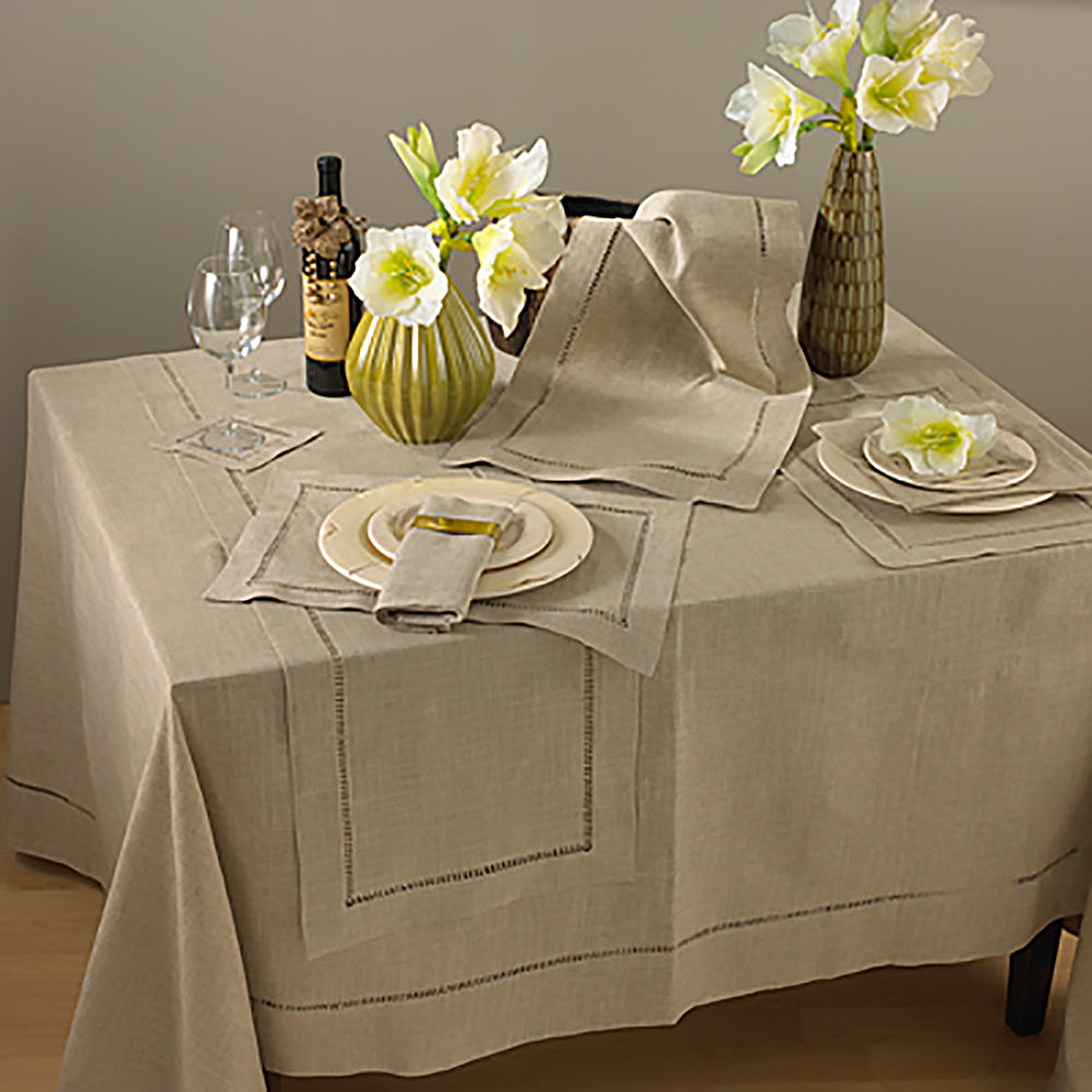 Natural Beige, Classic Tuscany Hemstitch Design Square or Rectangular Tablecloth (Choose Size)