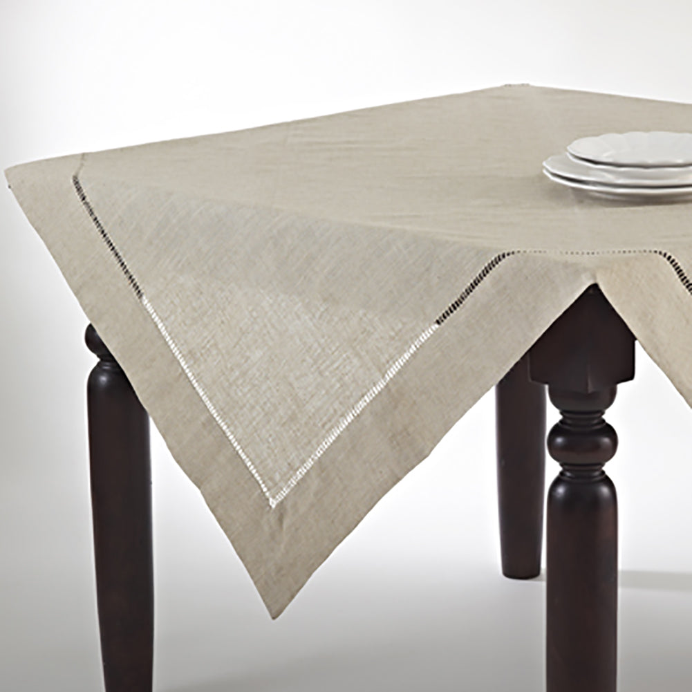 Natural Beige, Classic Tuscany Hemtitch Design Tablecloth and Toppers (Choose Size)