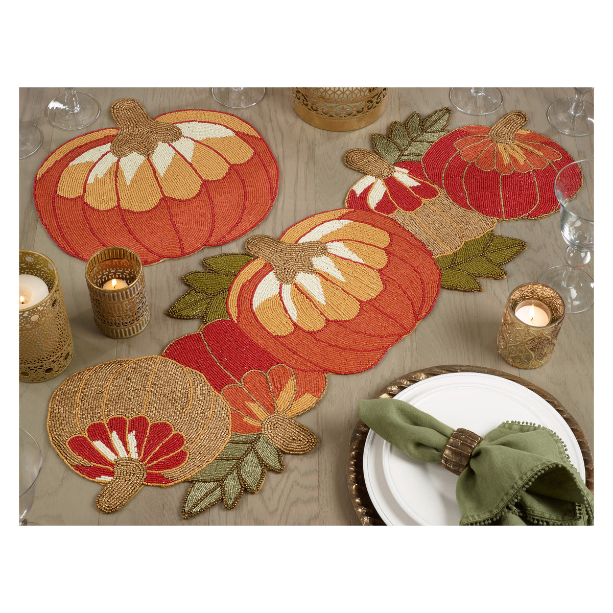 Orange Beaded Fall Autumn Halloween Thanksgiving Holiday Pumpkin Table Runner and Place Mat Top: glass beads, Bottom: polyester fabric