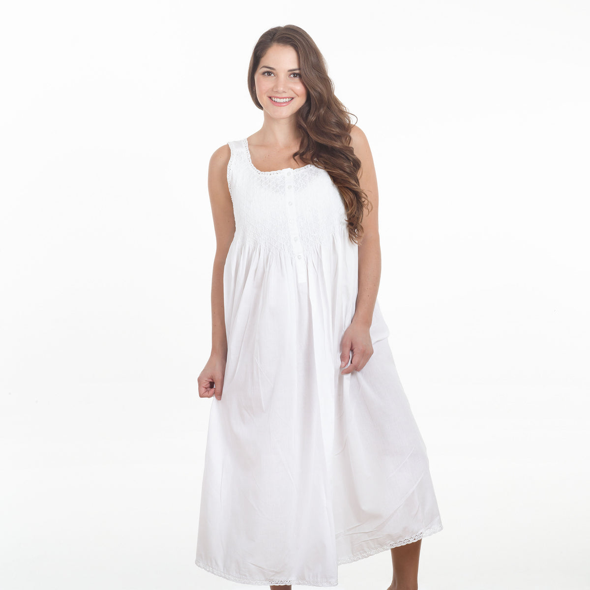 Taleen White 100% Cotton Victorian Buttoned Wide Shoulder Strap Embroidered Nightgown Nightdress