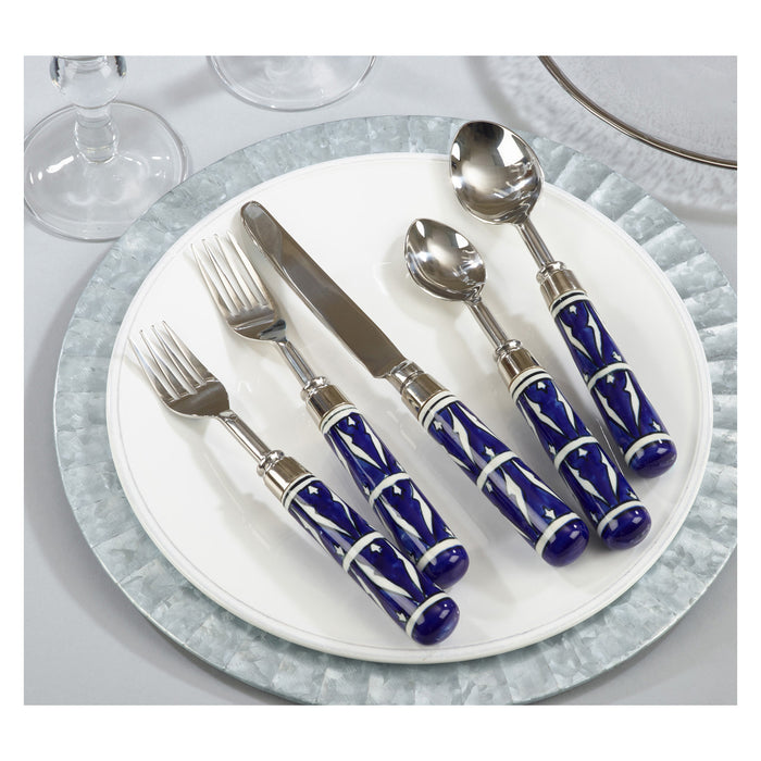 Occasion Gallery Indigo Moroccan Flatware, Cheese Sets, Knives and Forks, and Platter with Knife Sets, Stainless Steel 14/1, Brass - Ceramic