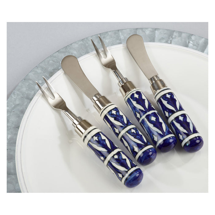 Occasion Gallery Indigo Moroccan Flatware, Cheese Sets, Knives and Forks, and Platter with Knife Sets, Stainless Steel 14/1, Brass - Ceramic