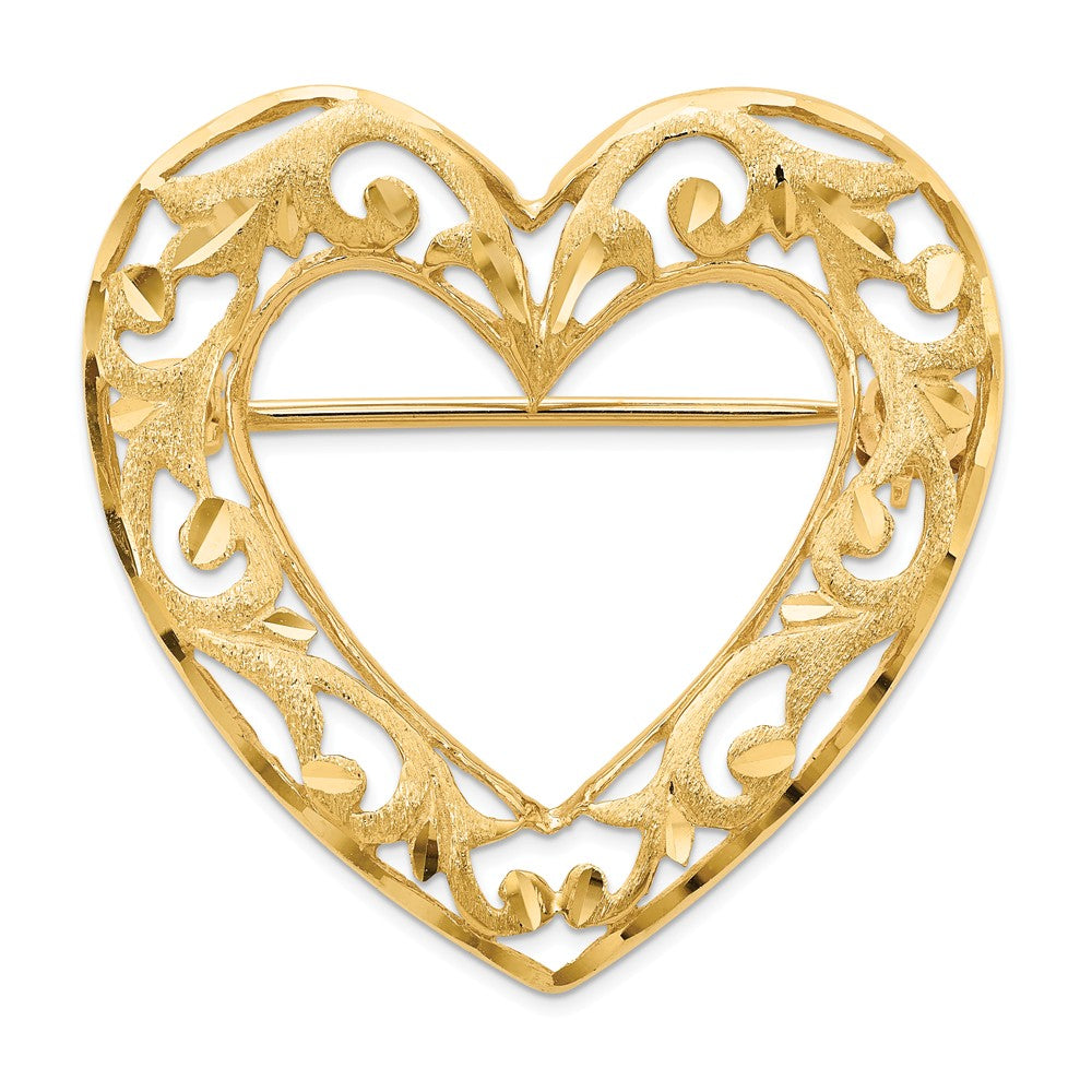 14k Yellow Gold Diamond-cut Polished & Satin Filigree Heart Pin