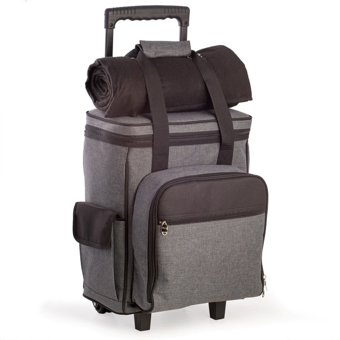 Occasion Gallery Black & Gray 4 Person Canvas Picnic Trolley, Lined Cooler. Includes Plates, Stem Glasses, Napkins, Cutlery, Salt Pepper Shakers, Cheese Board, Knife, Bottle Opener & Bar Tool, Blanket, Storage Pockets. 12.5 L x 12 W x 17.5 H in.