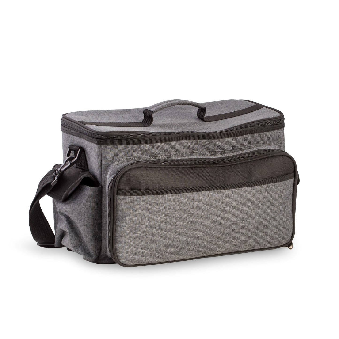 Occasion Gallery Black Gray Canvas BBQ Bag, Lined Cooler. Stainless Steel Tongs, Spatula & Fork, Plastic Salt & Pepper Shakers, Cutting Board, Knife, Bottle Opener & Bar Tool. Side & Front Storage Pockets. Carrying Handle & Strap. 18 L x 10 W x 10 H in.