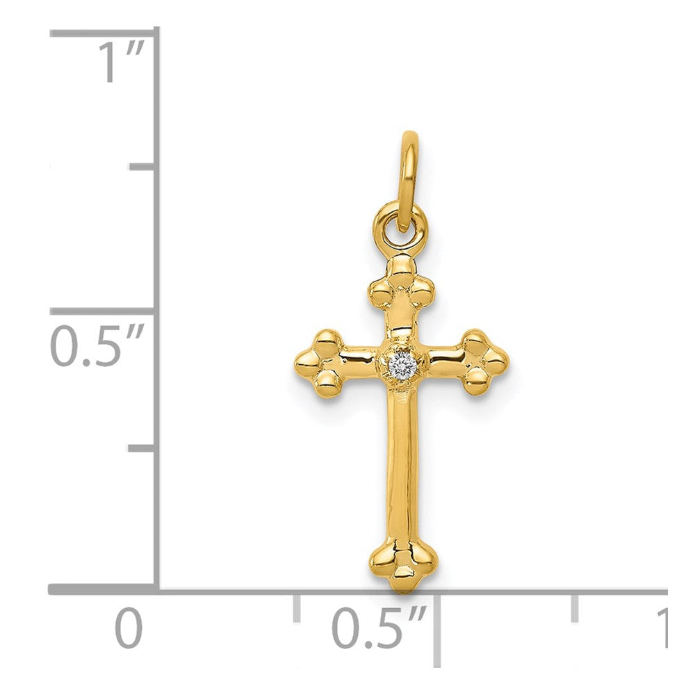 Million Charms 14K Yellow Gold Themed Small Diamond Budded Relgious Cross Pendant