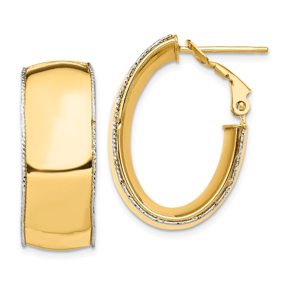Million Charms 14k 9.5mm Polished with WG Diamond-Cut wire Accent Oval Hoop Earrings, 26mm x 18.5mm