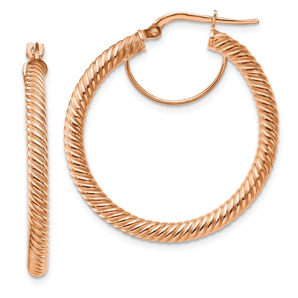 Million Charms 14k 3x25mm Rose Gold Twisted Round Hoop Earrings, 34mm x 32mm
