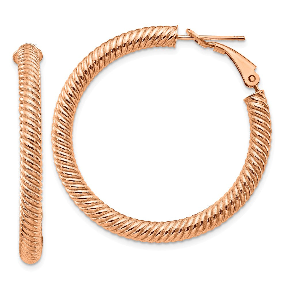 Million Charms 14k 4x30mm Rose Gold Twisted Round Omega Back Hoop Earrings, 39.5mm x 38.5mm