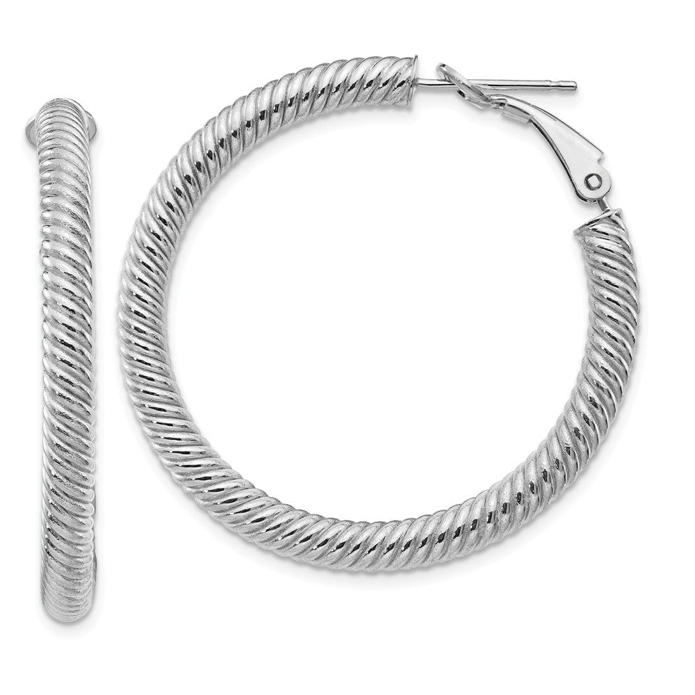 Million Charms 14k 4x30mm White Gold Twisted Round Omega Back Hoop Earrings, 39.5mm x 38.5mm