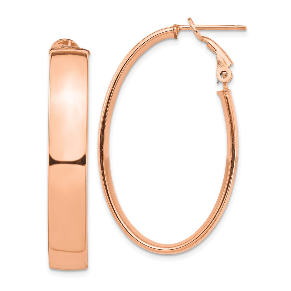 Million Charms 14k Rose Gold High Polished 7mm Omega Back Oval Hoop Earrings, 39.33mm x 24.12mm