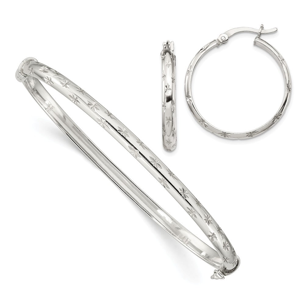 Stella Silver Jewelry Set - 925 Sterling Silver Diamond-cut Bangle 4mm & Hoop 3mm Earring Set
