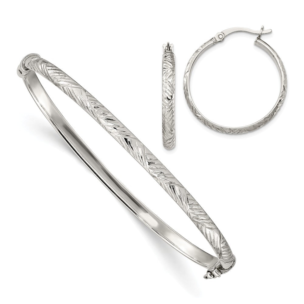 Stella Silver Jewelry Set - 925 Sterling Silver Diamond-cut Bangle 4mm & Hoop 3mm Earring Set