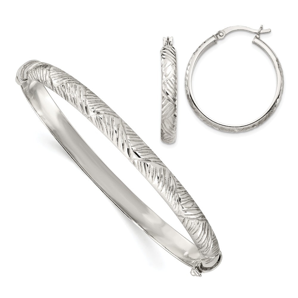 Stella Silver Jewelry Set - 925 Sterling Silver Diamond-cut Bangle 6mm & Hoop 4mm Earring Set