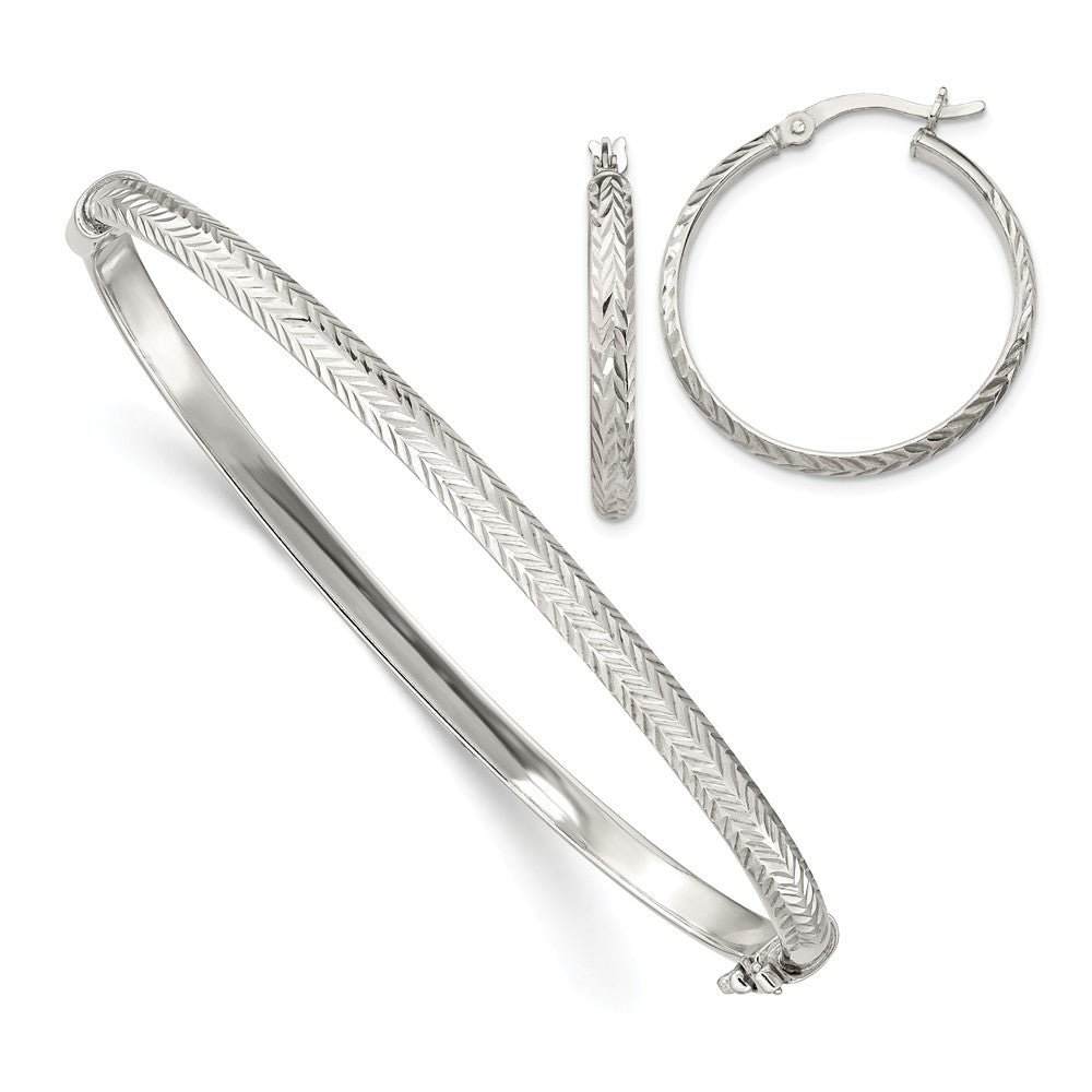 Stella Silver Jewelry Set - 925 Sterling Silver Diamond-cut Bangle 4mm & Hoop 3mm Earring Set