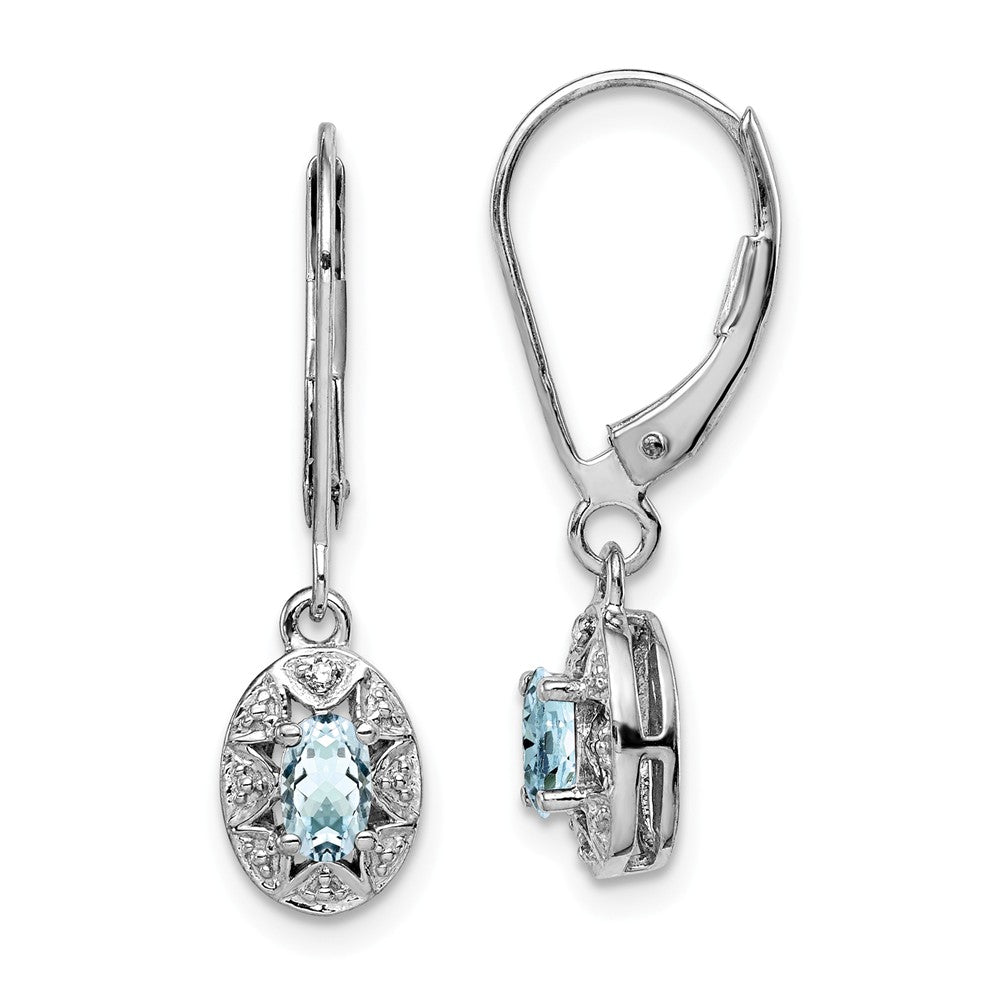 925 Sterling Silver Rhodium-plated Diamond & Aquamarine Earrings, 26mm x 7mm