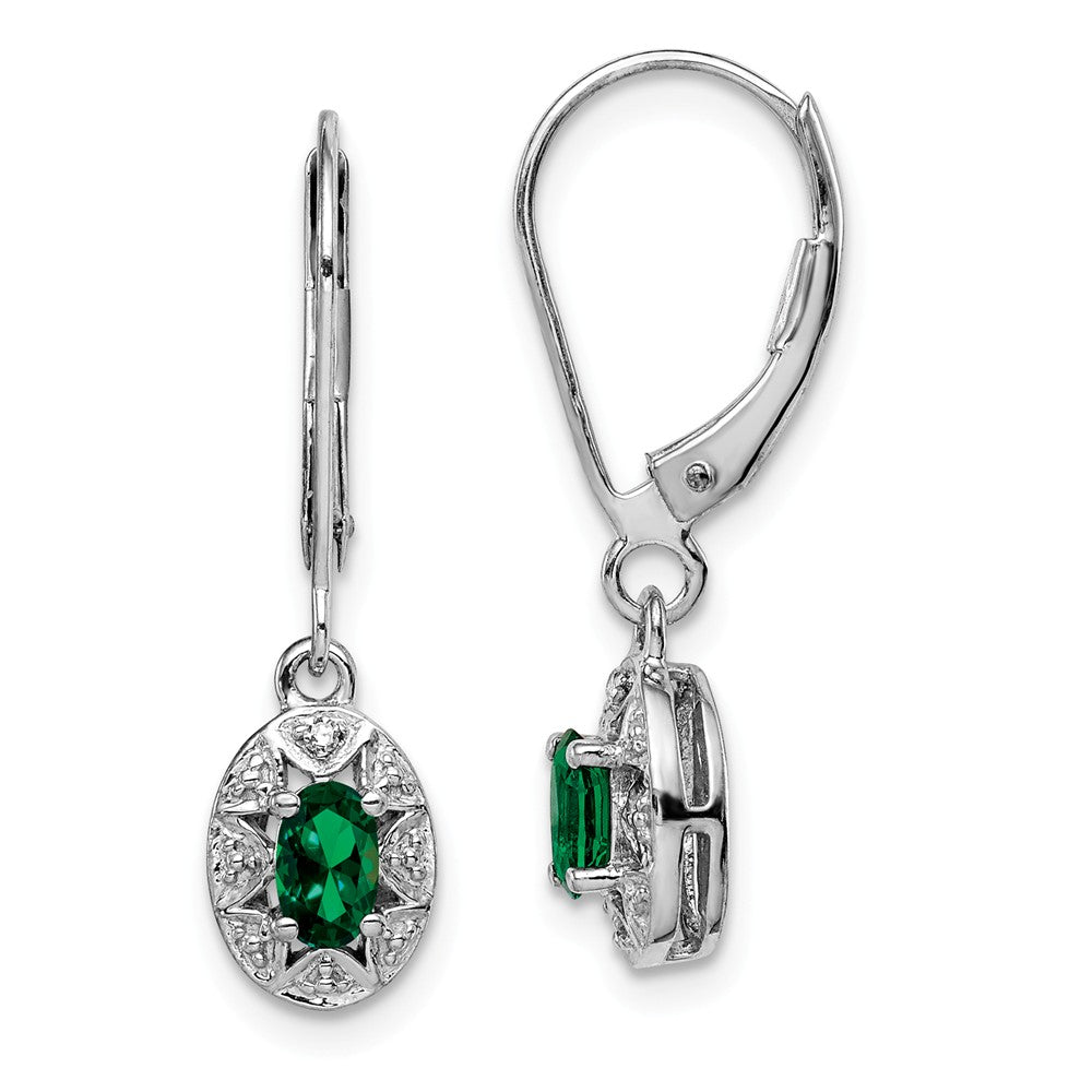 925 Sterling Silver Rhodium-plated Diamond & Created Emerald Earrings, 26mm x 7mm