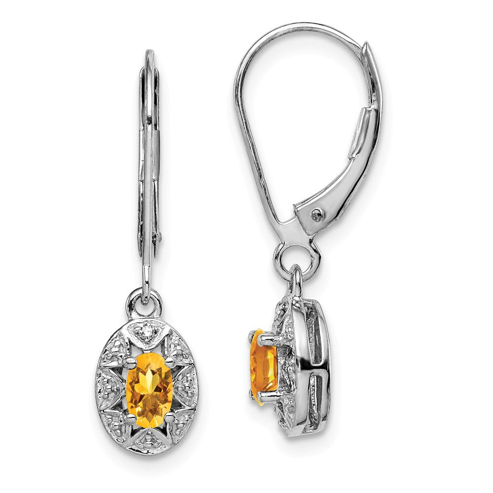 925 Sterling Silver Rhodium-plated Diamond & Citrine Earrings, 26mm x 7mm