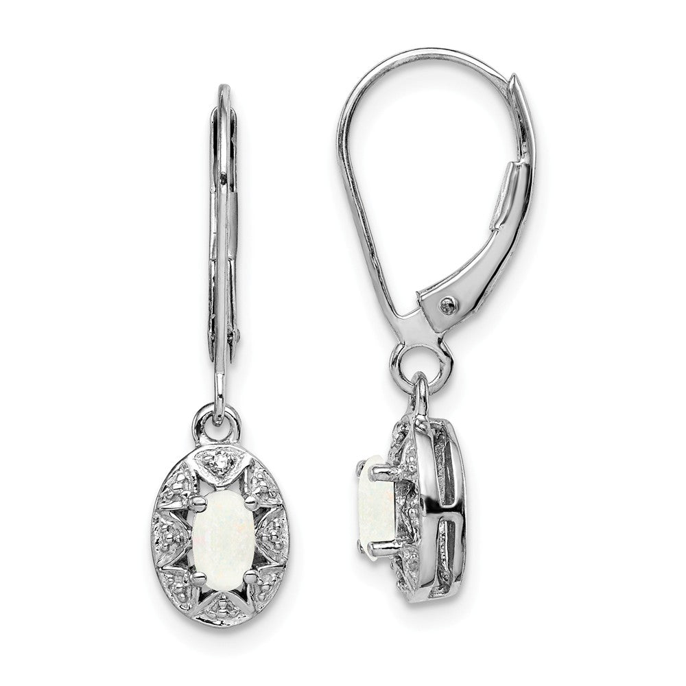 925 Sterling Silver Rhodium-plated Diamond & Created Opal Earrings, 26mm x 7mm