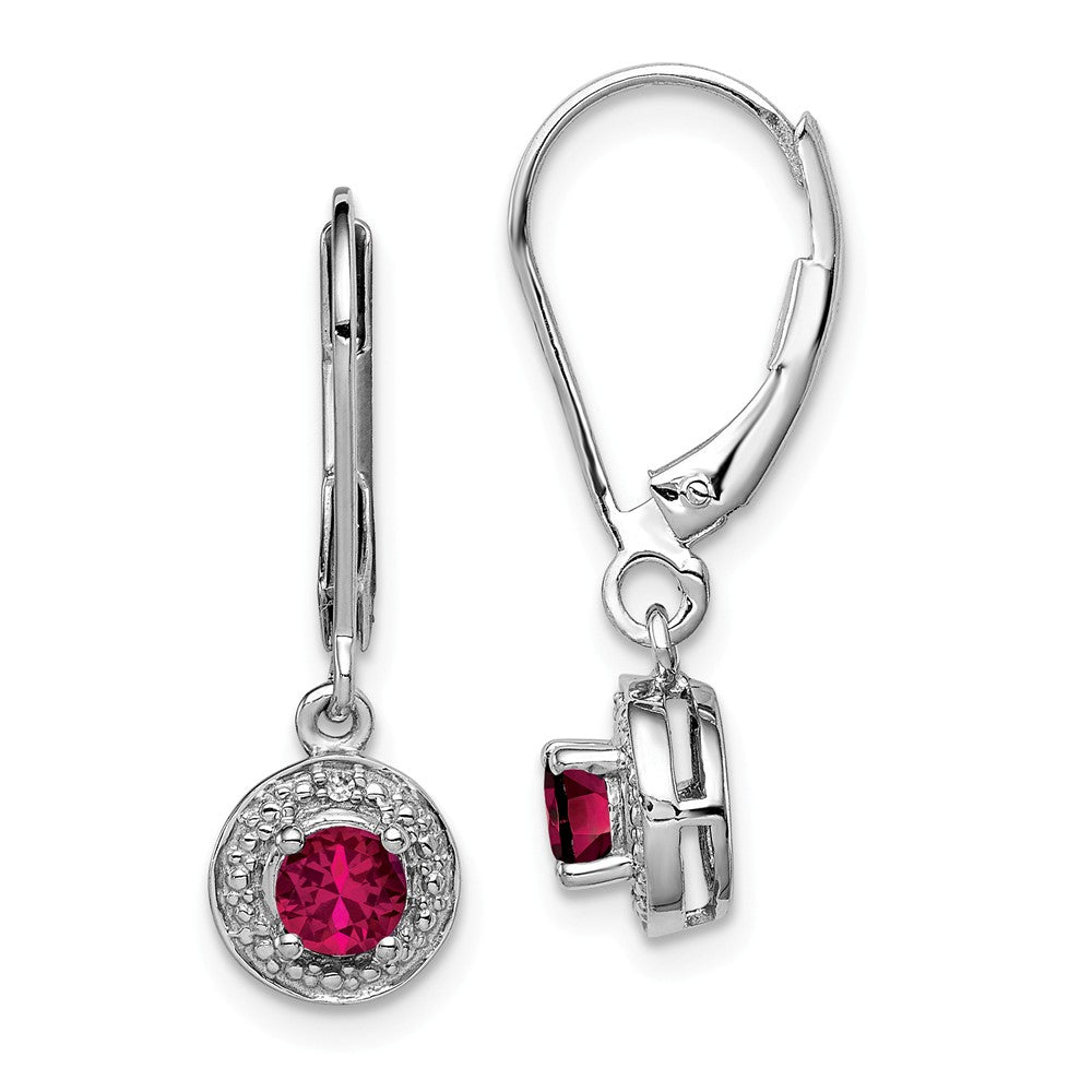 925 Sterling Silver Rhodium-plated Diamond & Created Ruby Earrings, 26mm x 7mm