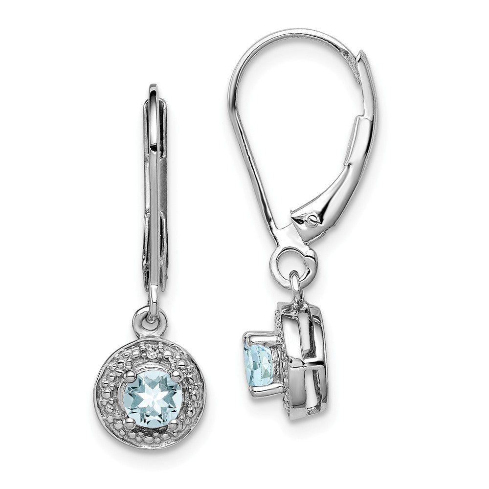925 Sterling Silver Rhodium-plated Diamond & Aquamarine Earrings, 26mm x 7mm