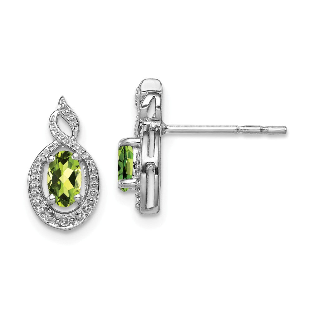 925 Sterling Silver Rhodium-plated Peridot & Diamond Earrings, 13mm x 7mm