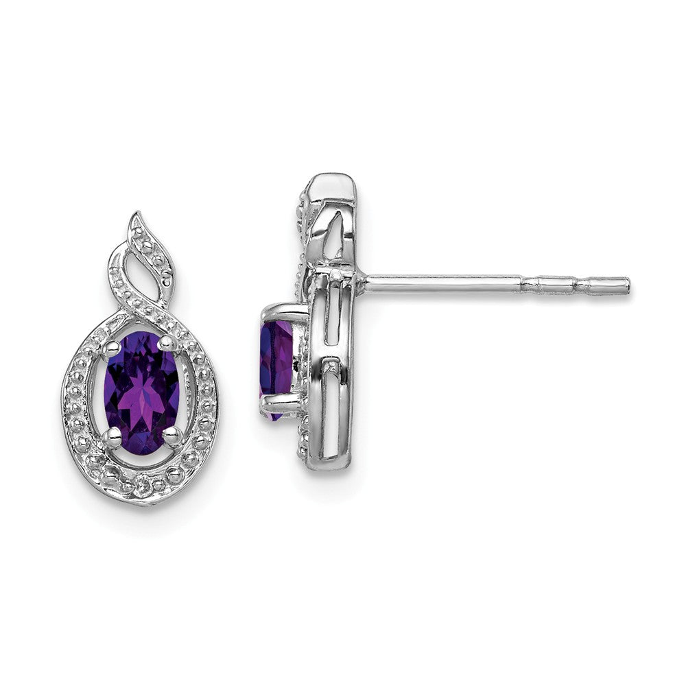 925 Sterling Silver Rhodium-plated Amethyst & Diamond Earrings, 13mm x 7mm