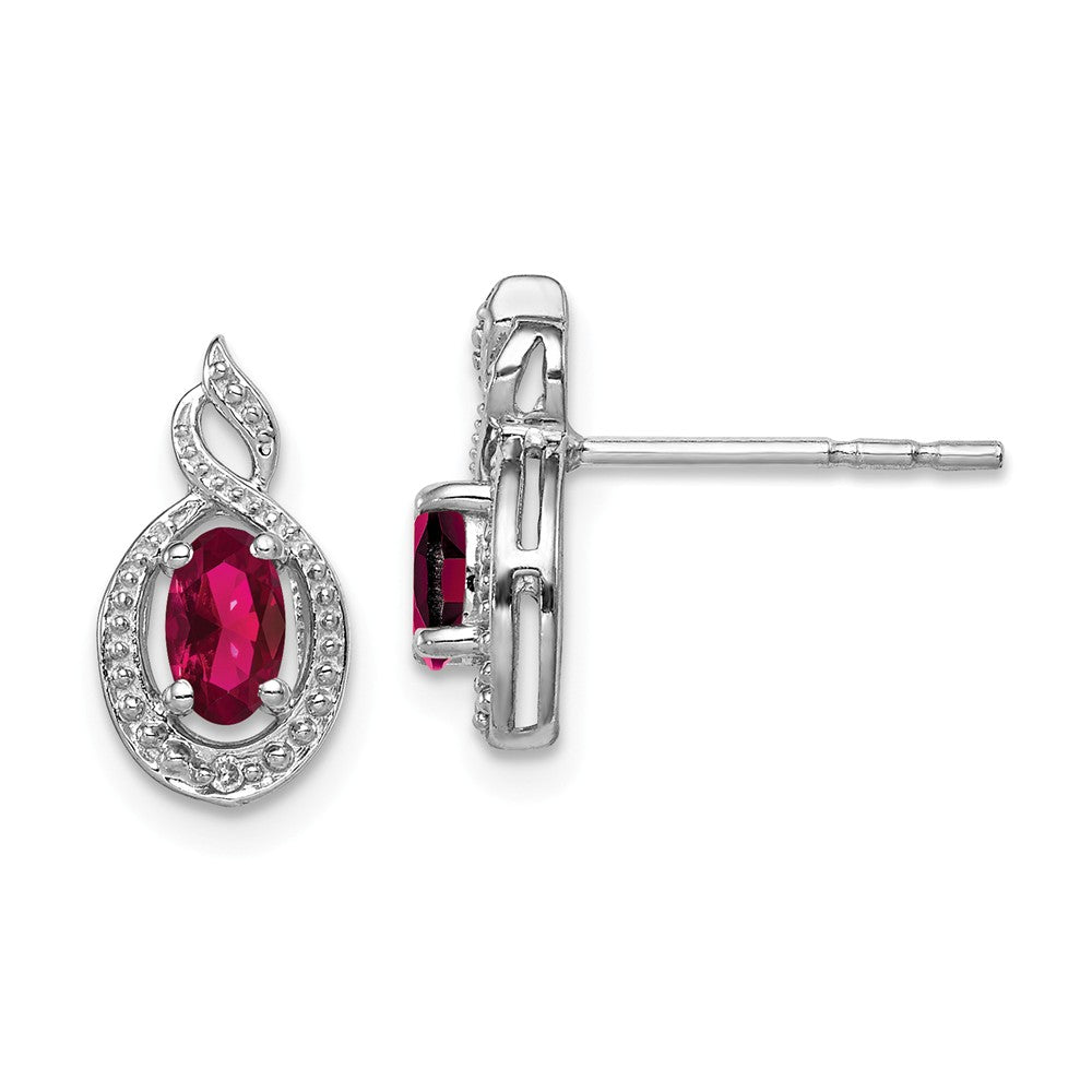 925 Sterling Silver Rhodium-plated Created Ruby & Diamond Earrings, 13mm x 7mm