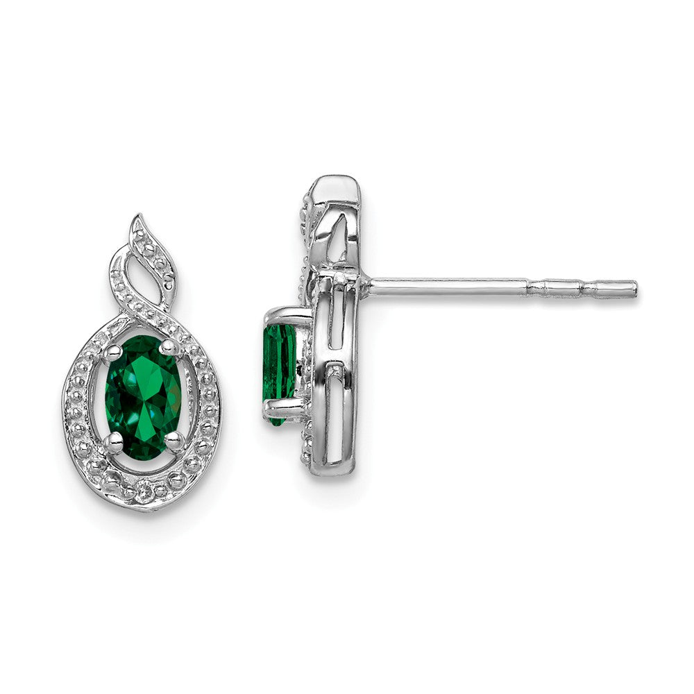 925 Sterling Silver Rhodium-plated Created Emerald & Diamond Earrings, 13mm x 7mm