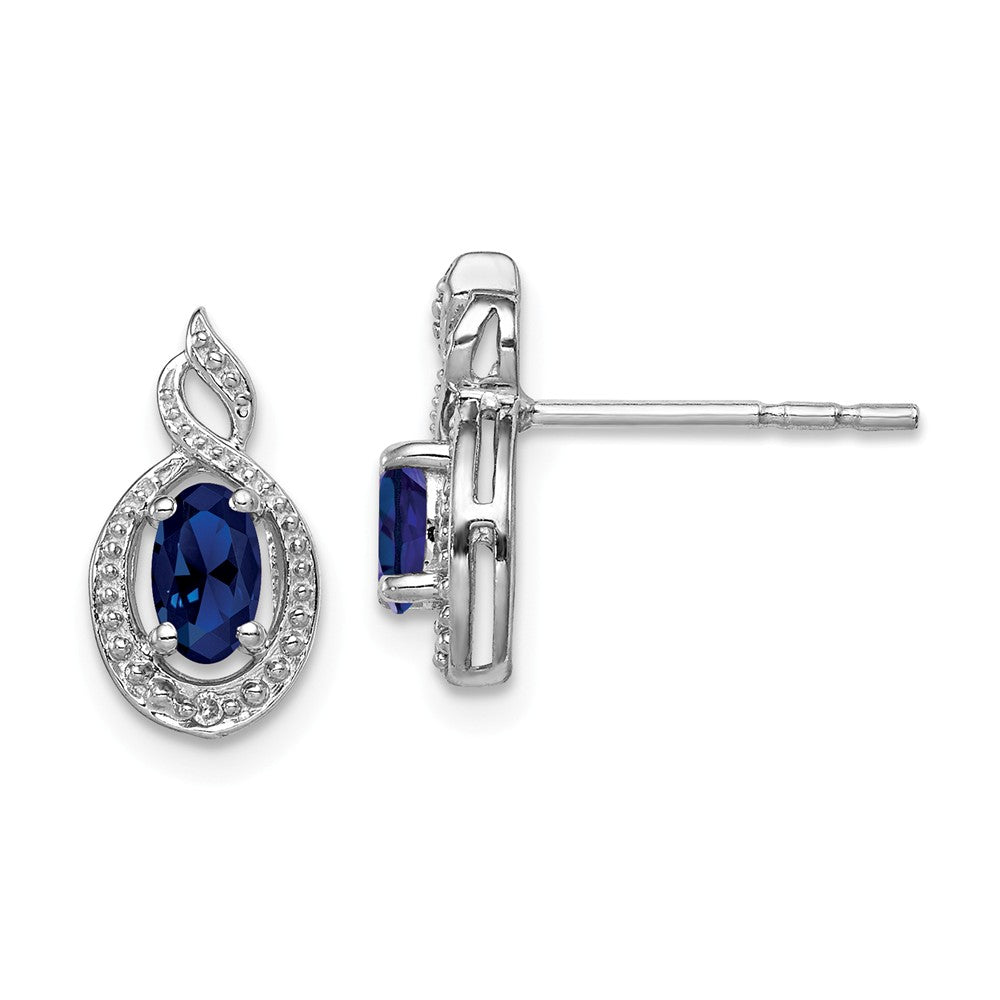 925 Sterling Silver Rhodium-plated Created Sapphire & Diamond Earrings, 13mm x 7mm