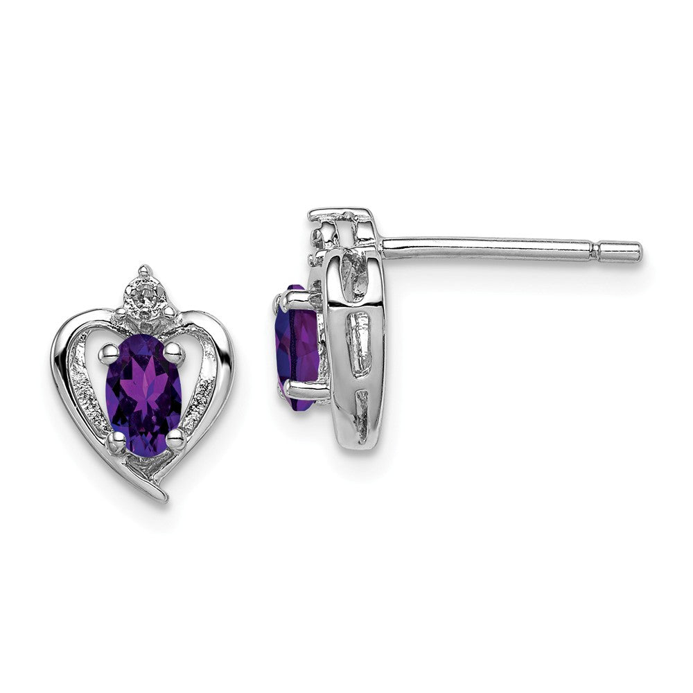 925 Sterling Silver Rhodium-plated Amethyst & Diamond Earrings, 10mm x 7mm