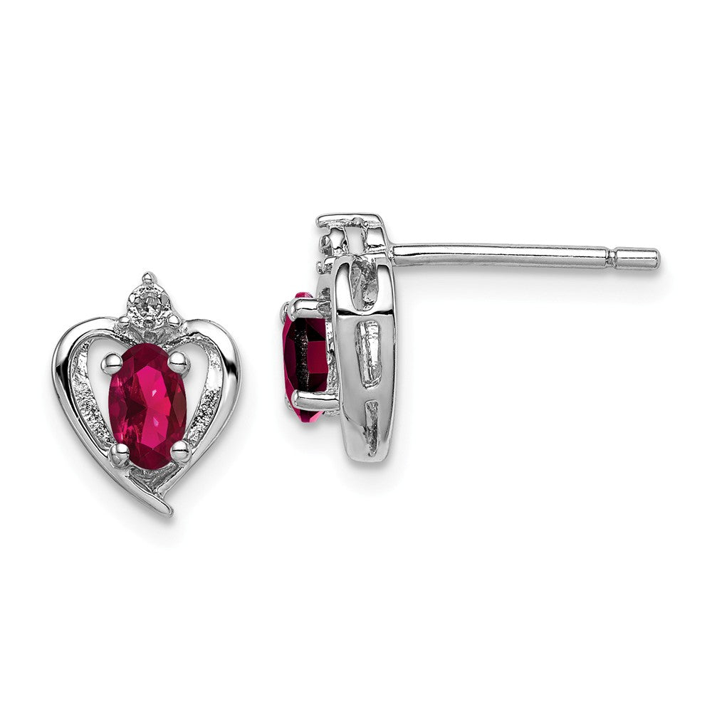 925 Sterling Silver Rhodium-plated Created Ruby & Diamond Earrings, 10mm x 7mm