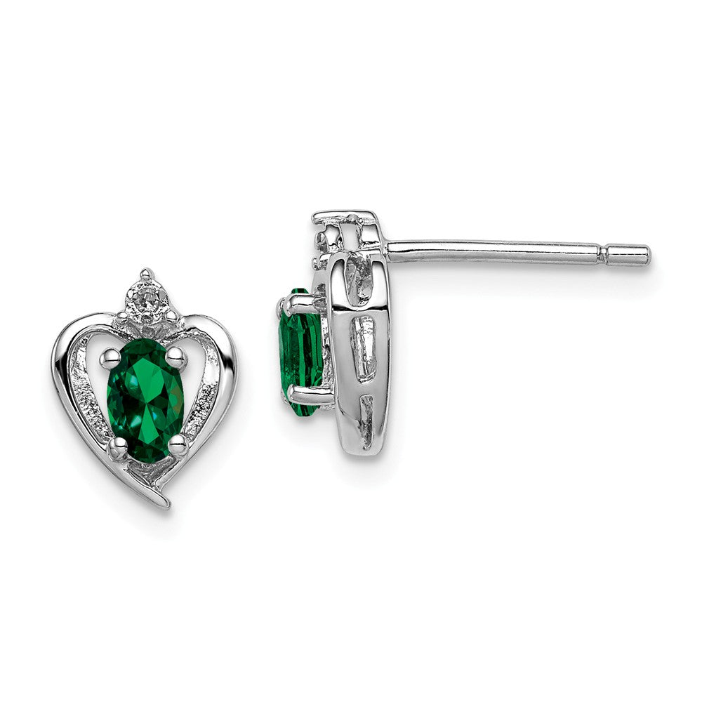 925 Sterling Silver Rhodium-plated Created Emerald & Diamond Earrings, 10mm x 7mm