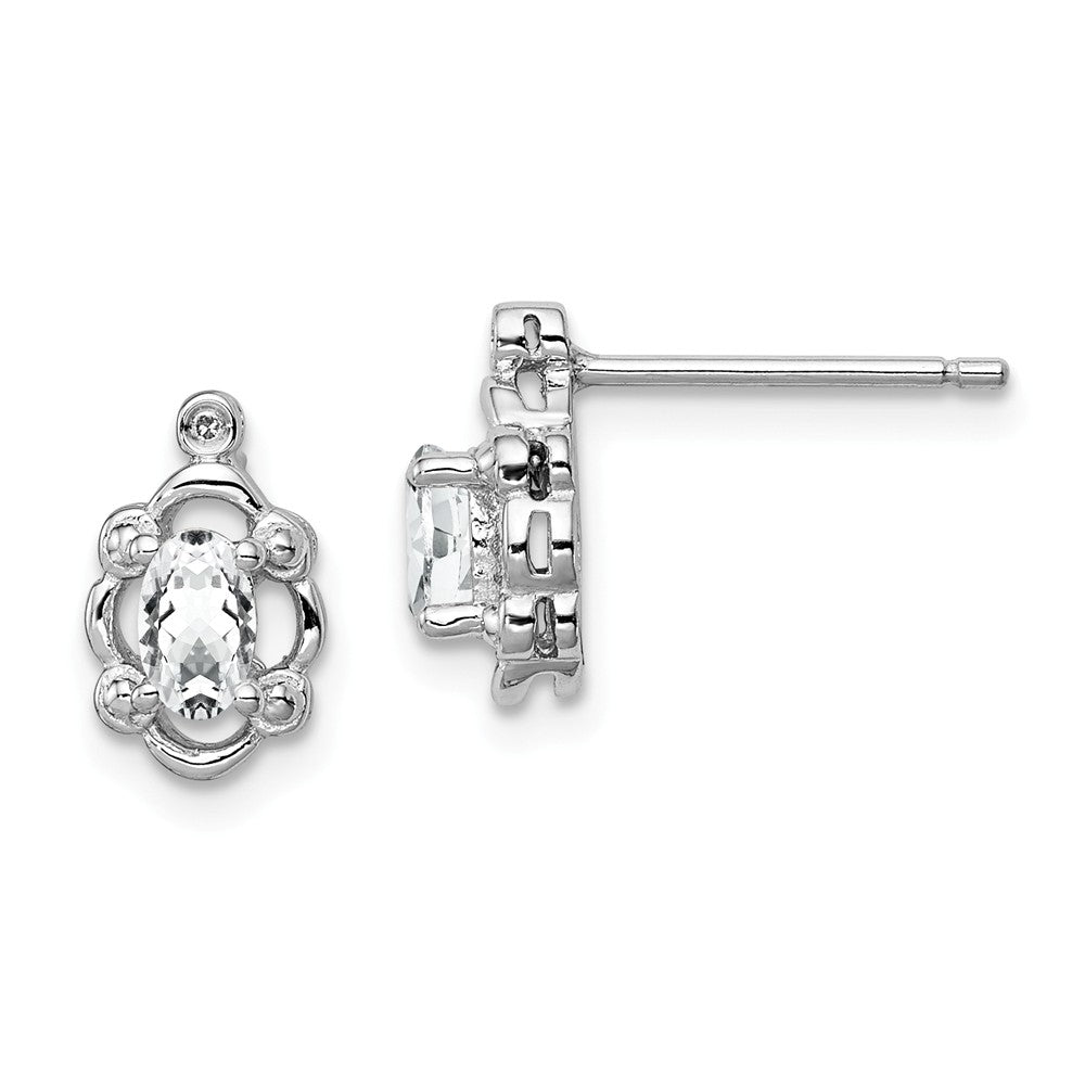 925 Sterling Silver Rhodium-plated White Topaz & Diamond Earrings, 10mm x 6mm