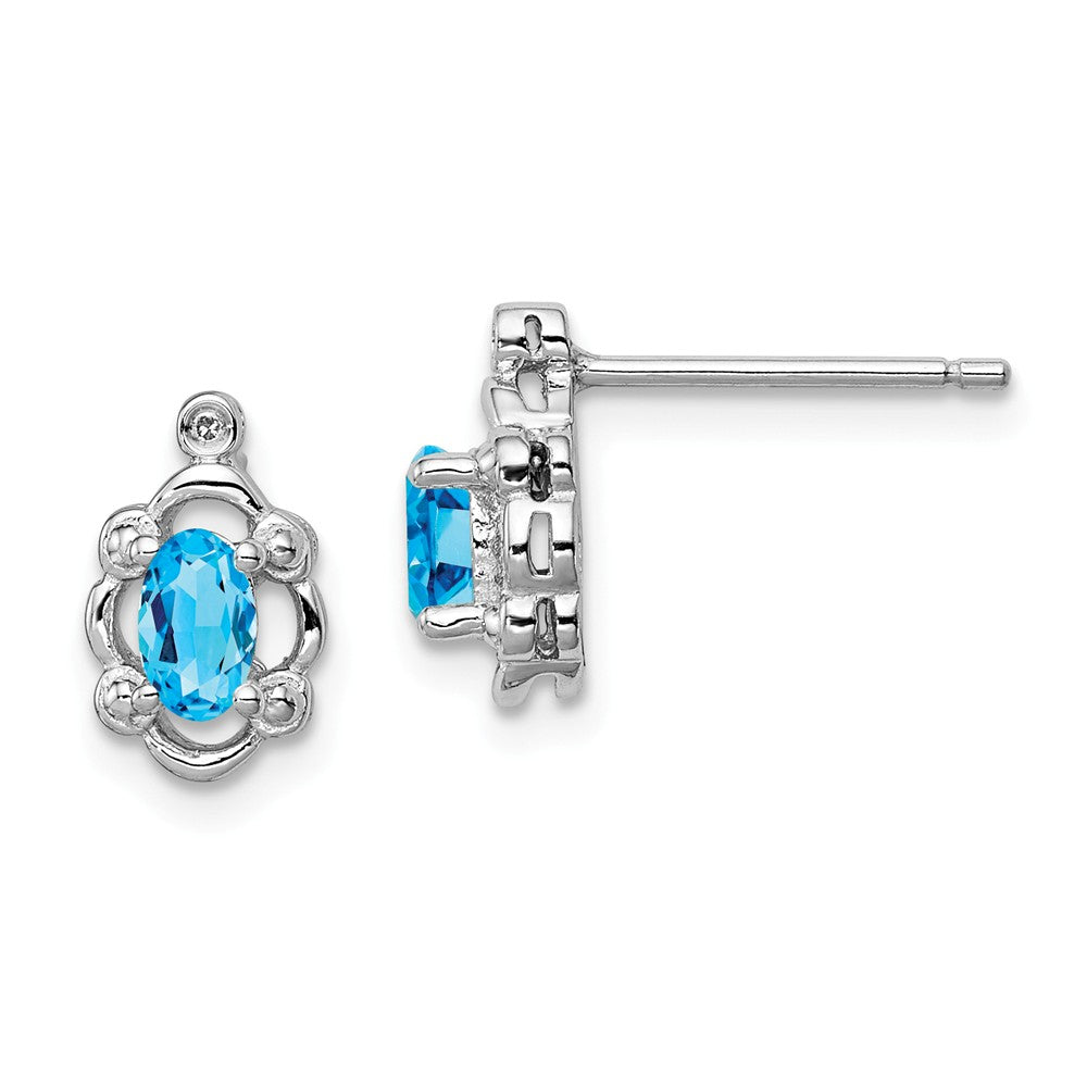 925 Sterling Silver Rhodium-plated Light Swiss Blue Topaz & Diamond Earrings, 10mm x 6mm