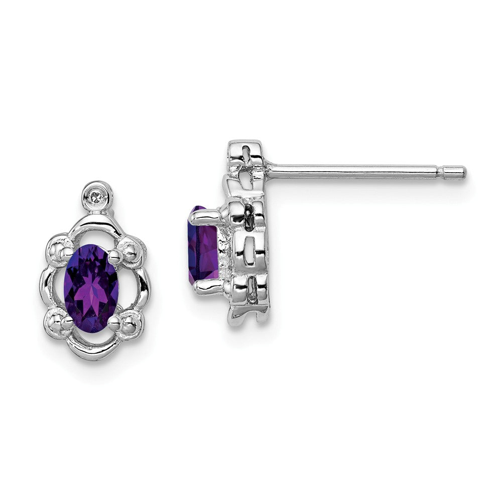 925 Sterling Silver Rhodium-plated Amethyst & Diamond Earrings, 10mm x 6mm
